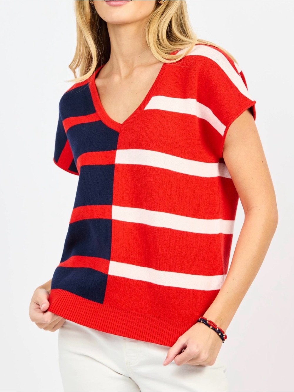 Mary Square V-Neck Red Striped Knit Sweater Top